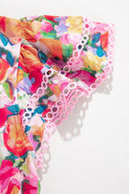 Lace Trim Ruffle Cap Sleeve Floral Blouse