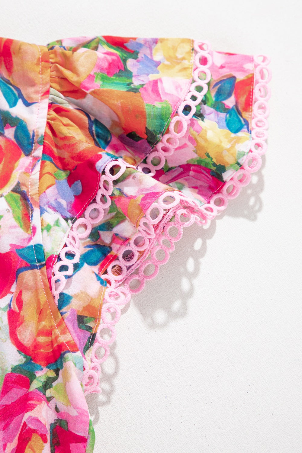 Lace Trim Ruffle Cap Sleeve Floral Blouse