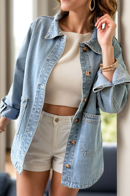 Pocketed Button Up Long Sleeve Denim Jacket - felvior