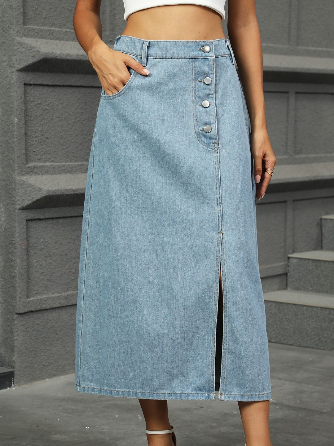 Slit Button Detail Denim Midi Skirt - felvior