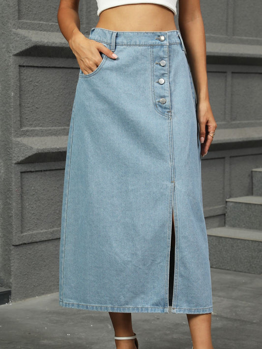 Slit Button Detail Denim Midi Skirt - felvior