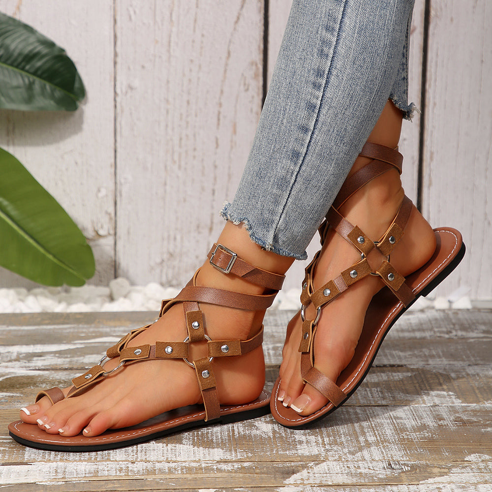 Studded Toe Loop Flat Sandals