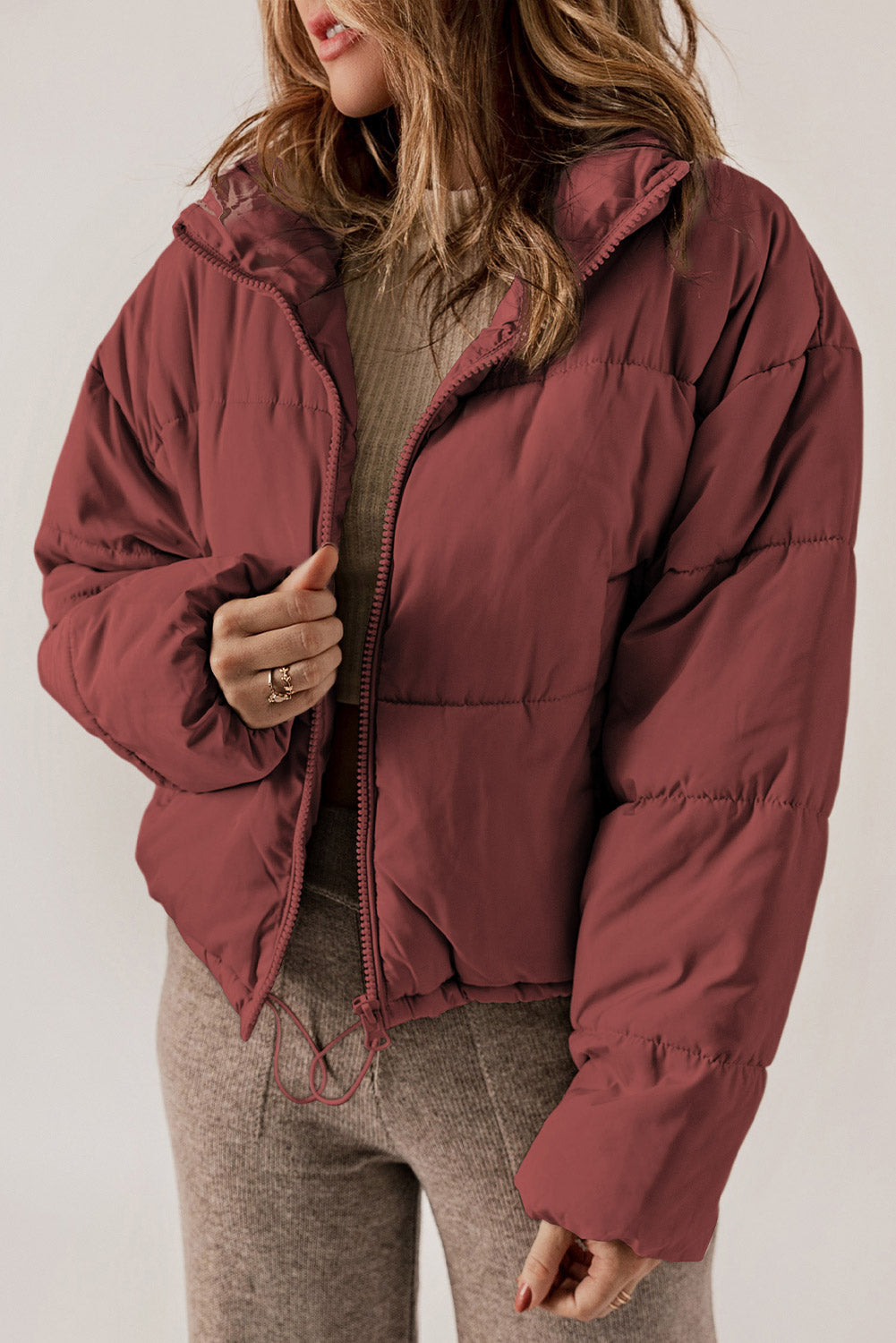 Zip Up Collared Neck Long Sleeve Winter Coat - felvior