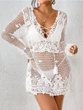 Cutout Tied V-Neck Long Sleeve Cover Up - felvior