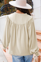 Lantern Sleeve Notched V Neck Ruched Blouse