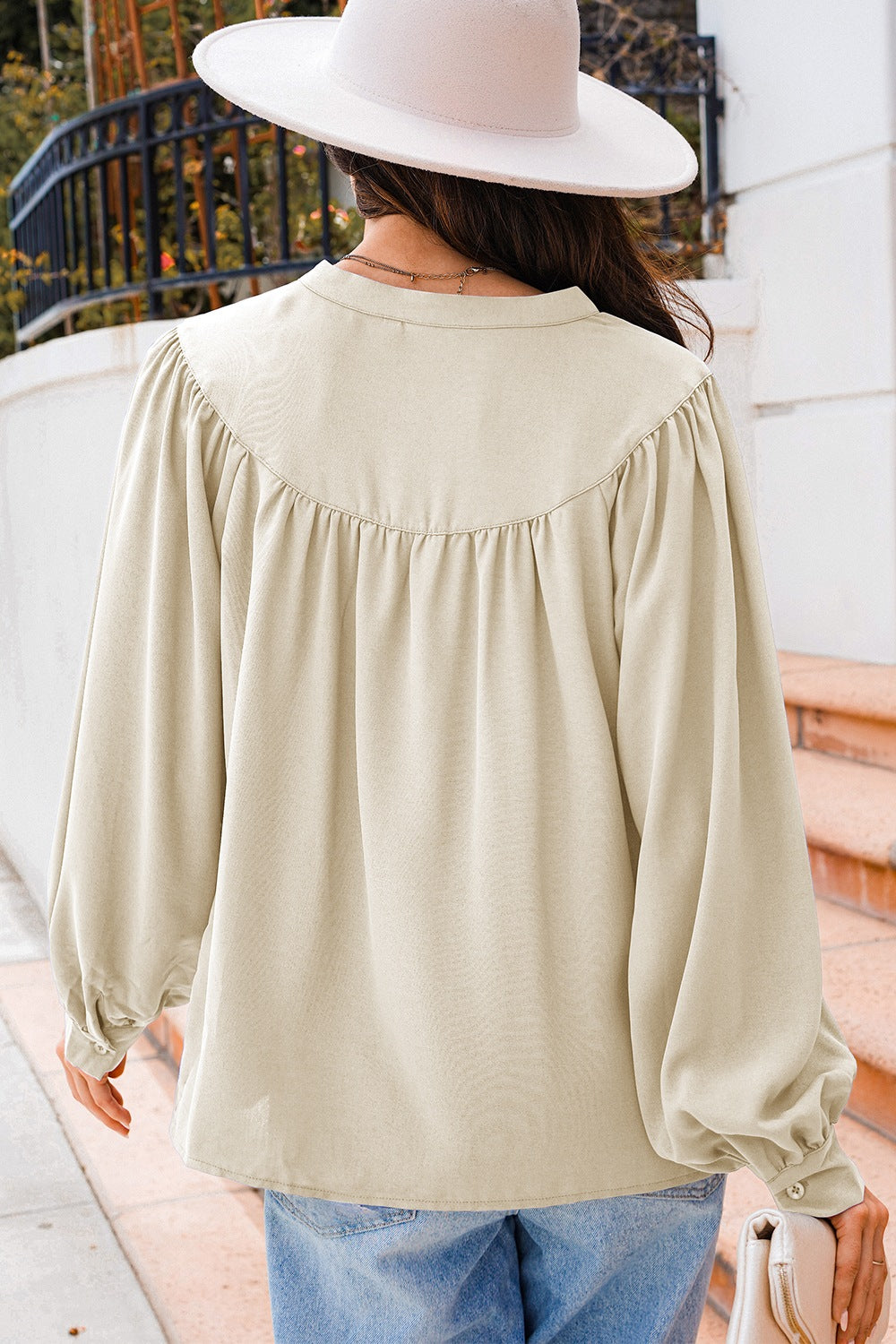 Lantern Sleeve Notched V Neck Ruched Blouse