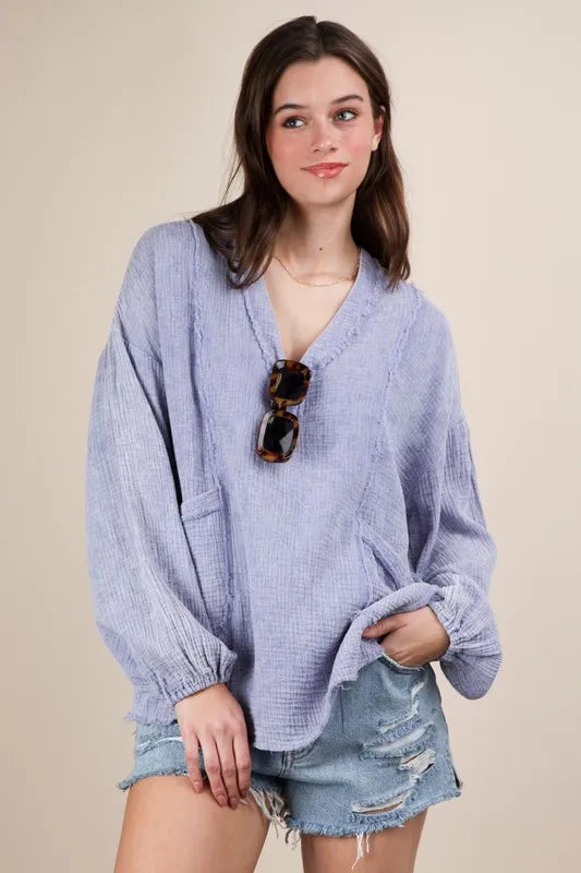 VERY J Plus Size Washed Cotton Gauze Oversized Top