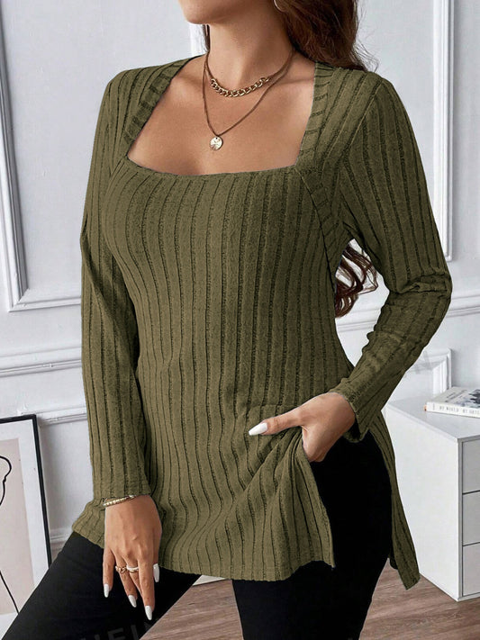 Plus Size Square Neck Long Sleeve Top - felvior