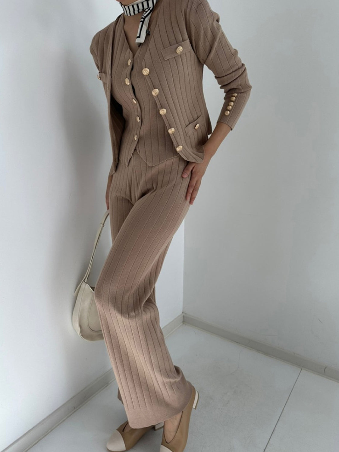 V-Neck Tank, Cardigan and Pants Three-Piece Sweater Set - felvior