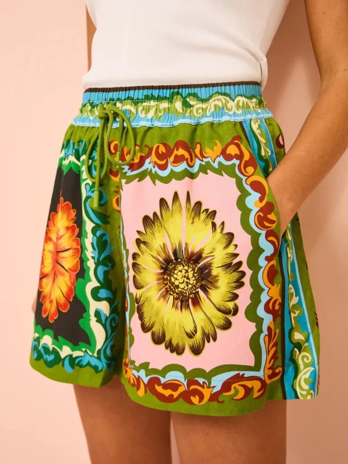 Printed Button Down Top and Drawstring Shorts Set - felvior