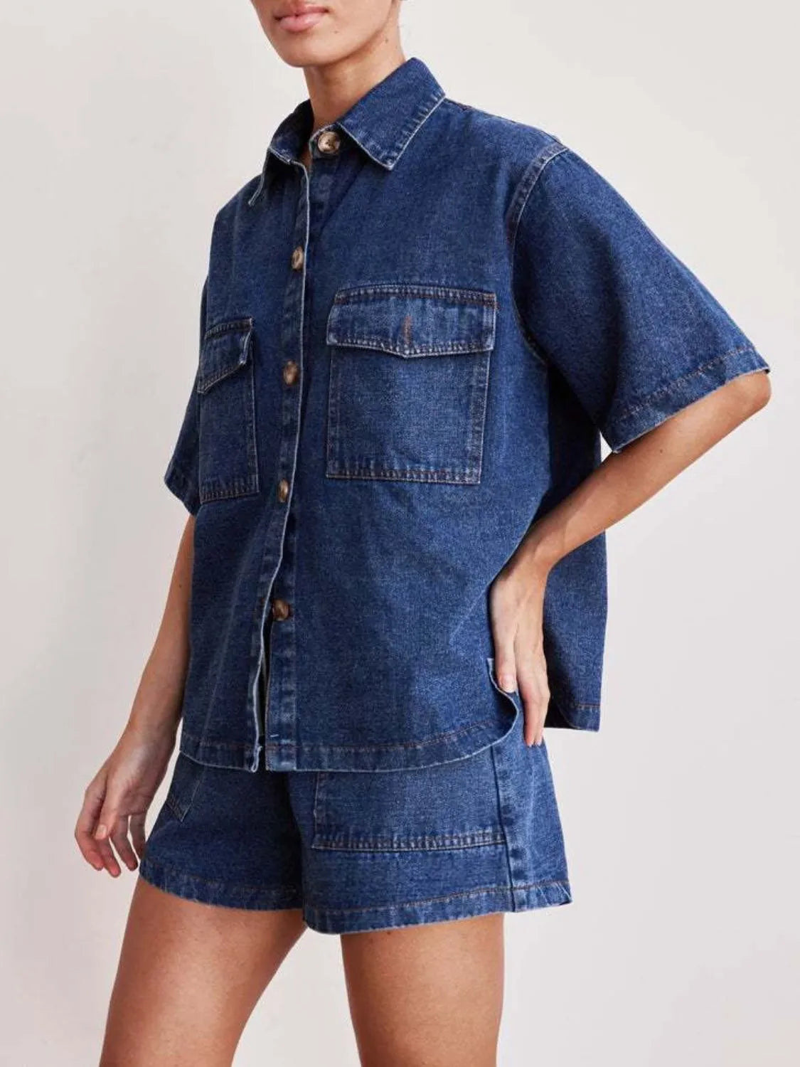 Button Up Short Sleeve Top and Shorts Denim Set - felvior