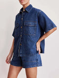 Button Up Short Sleeve Top and Shorts Denim Set - felvior
