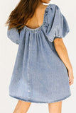 Bubble Sleeve Square Neck Denim Babydoll Dress - felvior