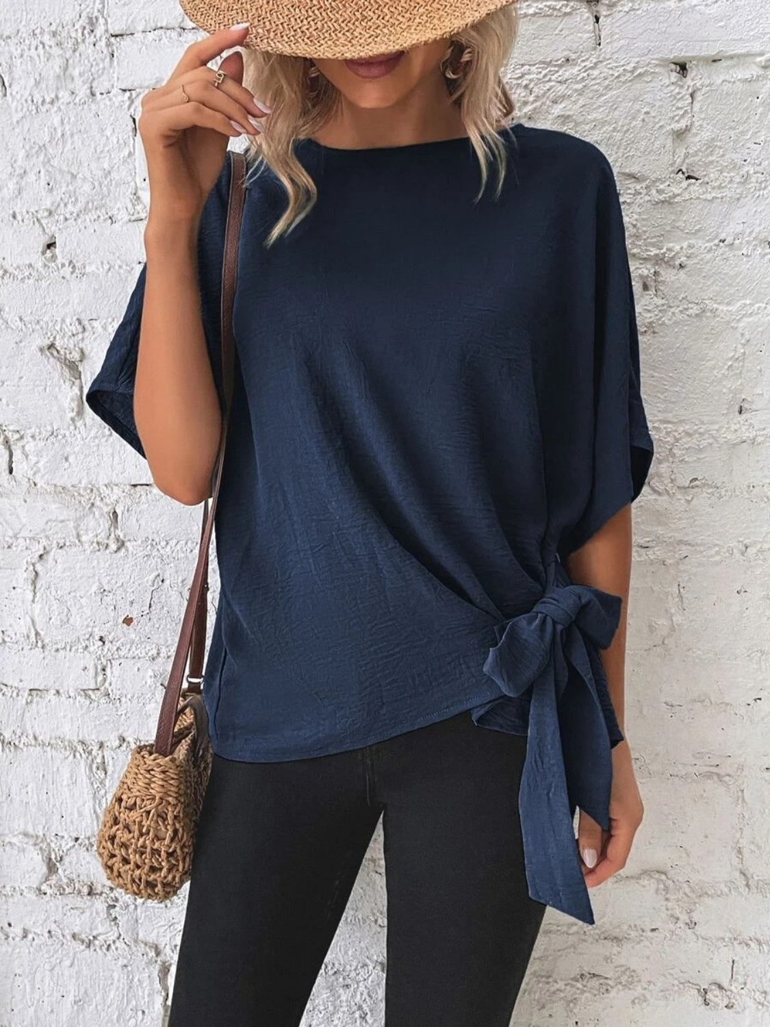 Knotted Round Neck Half Sleeve Blouse - felvior