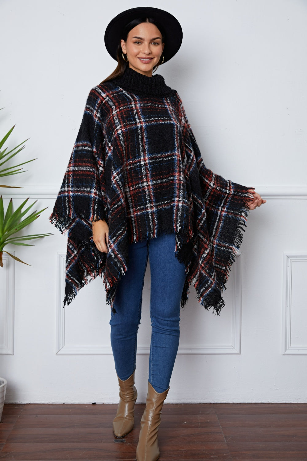 Shiny Turtleneck Plaid Raw Hem Sweater - felvior