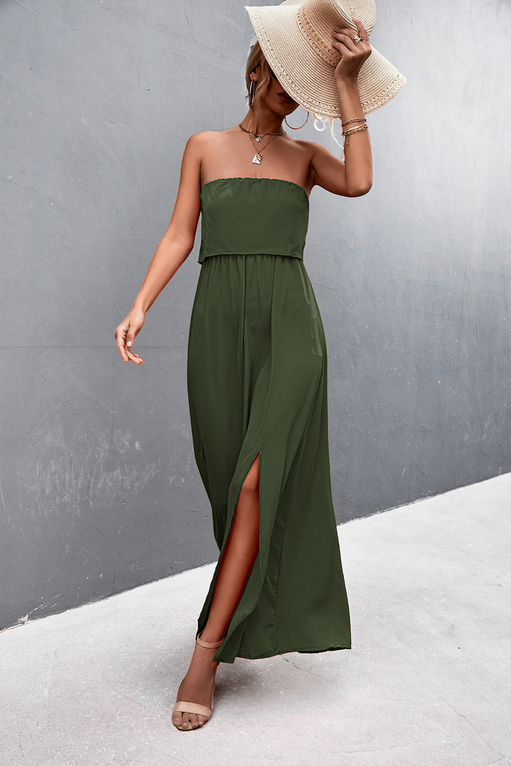 Strapless Split Maxi Dress - felvior