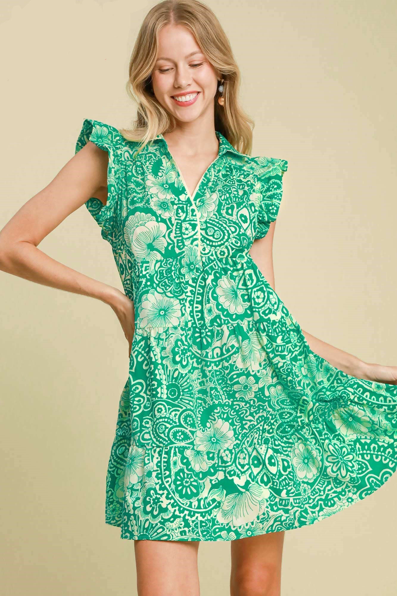Umgee Full Size Printed Ruffle Cap Sleeve Babydoll Dress Plus Size - felvior