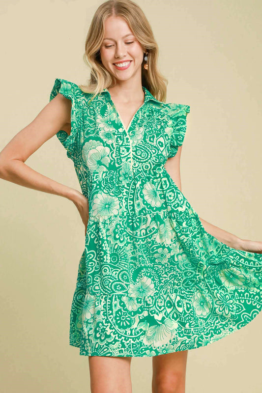 Umgee Full Size Printed Ruffle Cap Sleeve Babydoll Dress Plus Size - felvior