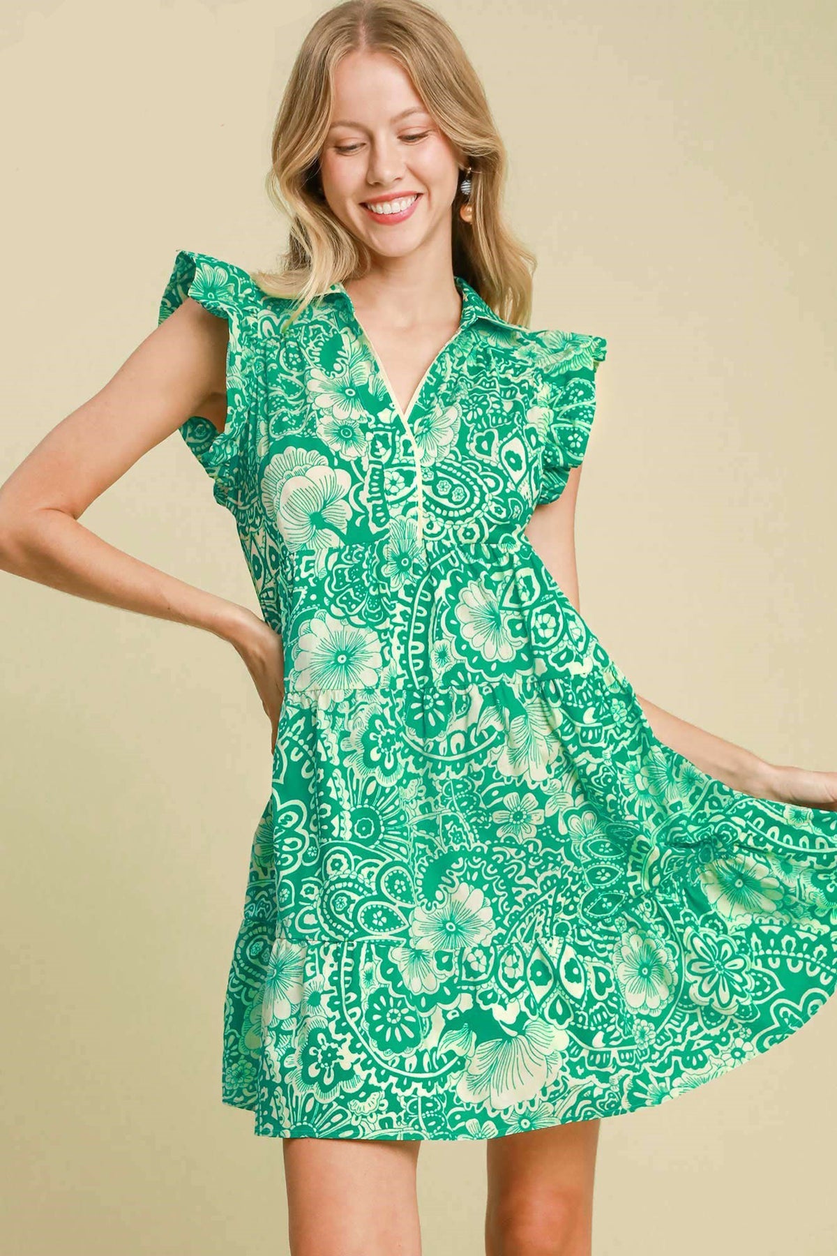 Umgee Full Size Printed Ruffle Cap Sleeve Babydoll Dress Plus Size - felvior