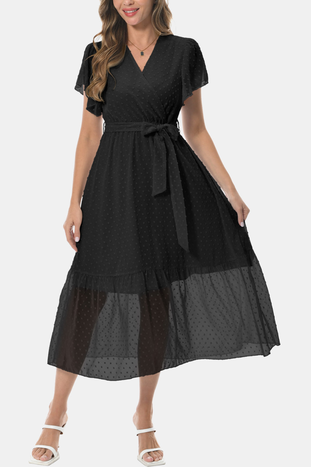 Surplice Neck Flutter Sleeve Tied Dress - felvior
