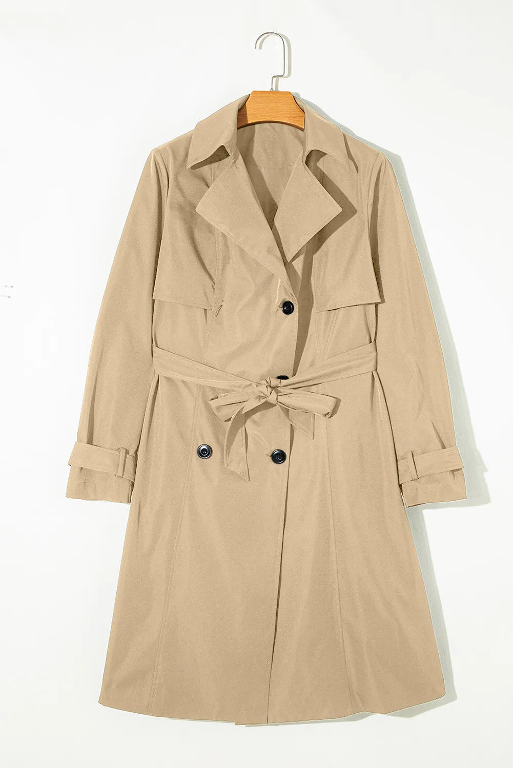 Collared Neck Tie Waist Buttoned Long Sleeve Trench Coat - felvior