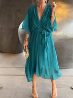 Full Size Flowy Tie Front Midi Dress with Flutter Sleeves Plus Size