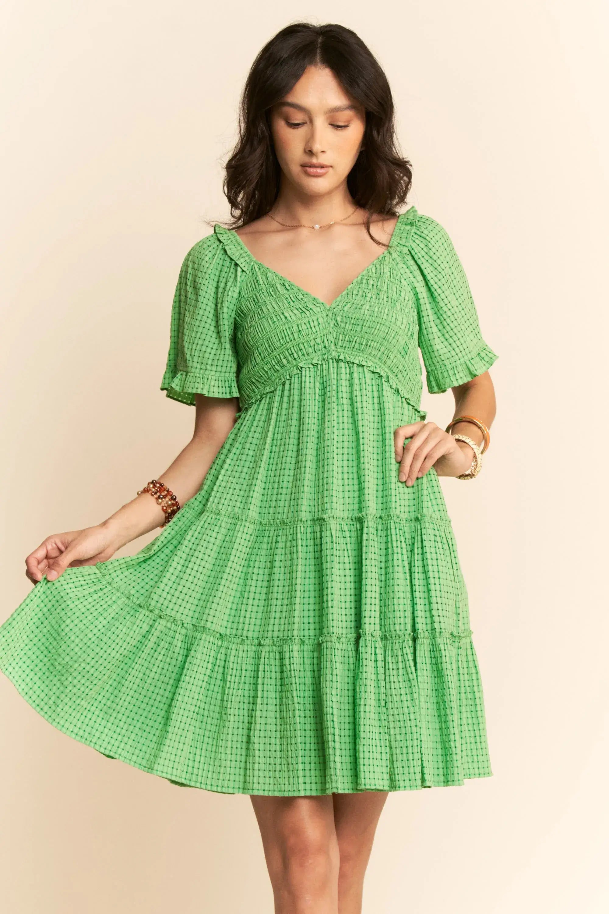 Davi & Dani Jacquard Checker Smocking Tiered Dress