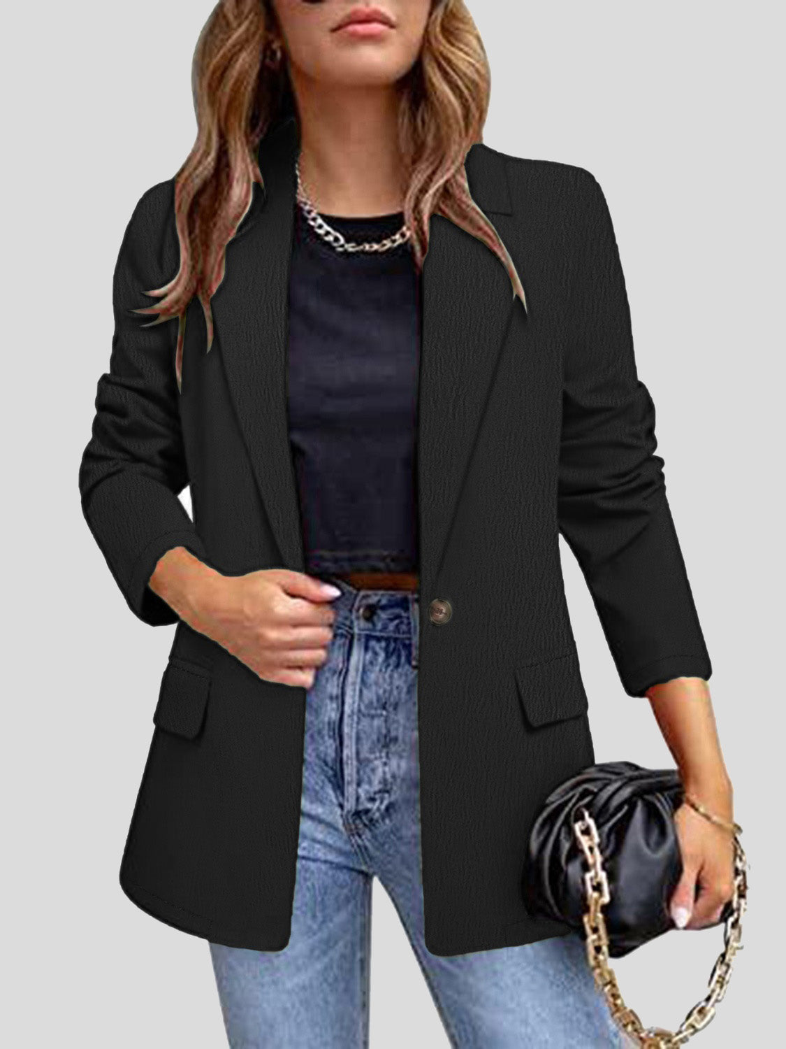 Lapel Collar Long Sleeve Blazer - felvior
