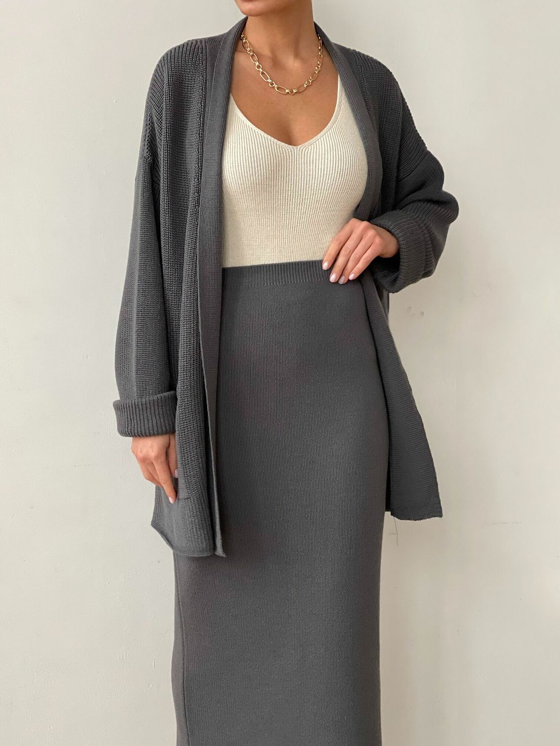 Pocketed Long Sleeve Cardigan and Skirt Sweater Set - felvior