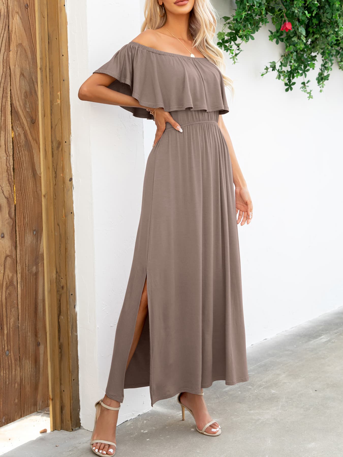 Off-Shoulder Slit Maxi Dress - felvior