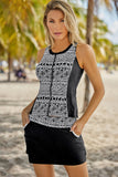 Geometric Print Color Block Swim Top and Skirt Set - felvior