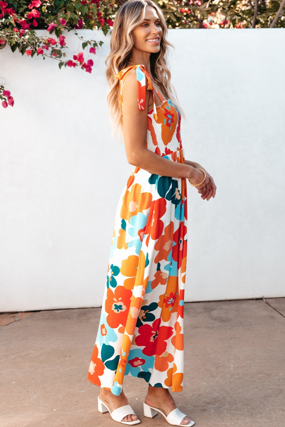 Smocked Printed Square Neck Dress - felvior