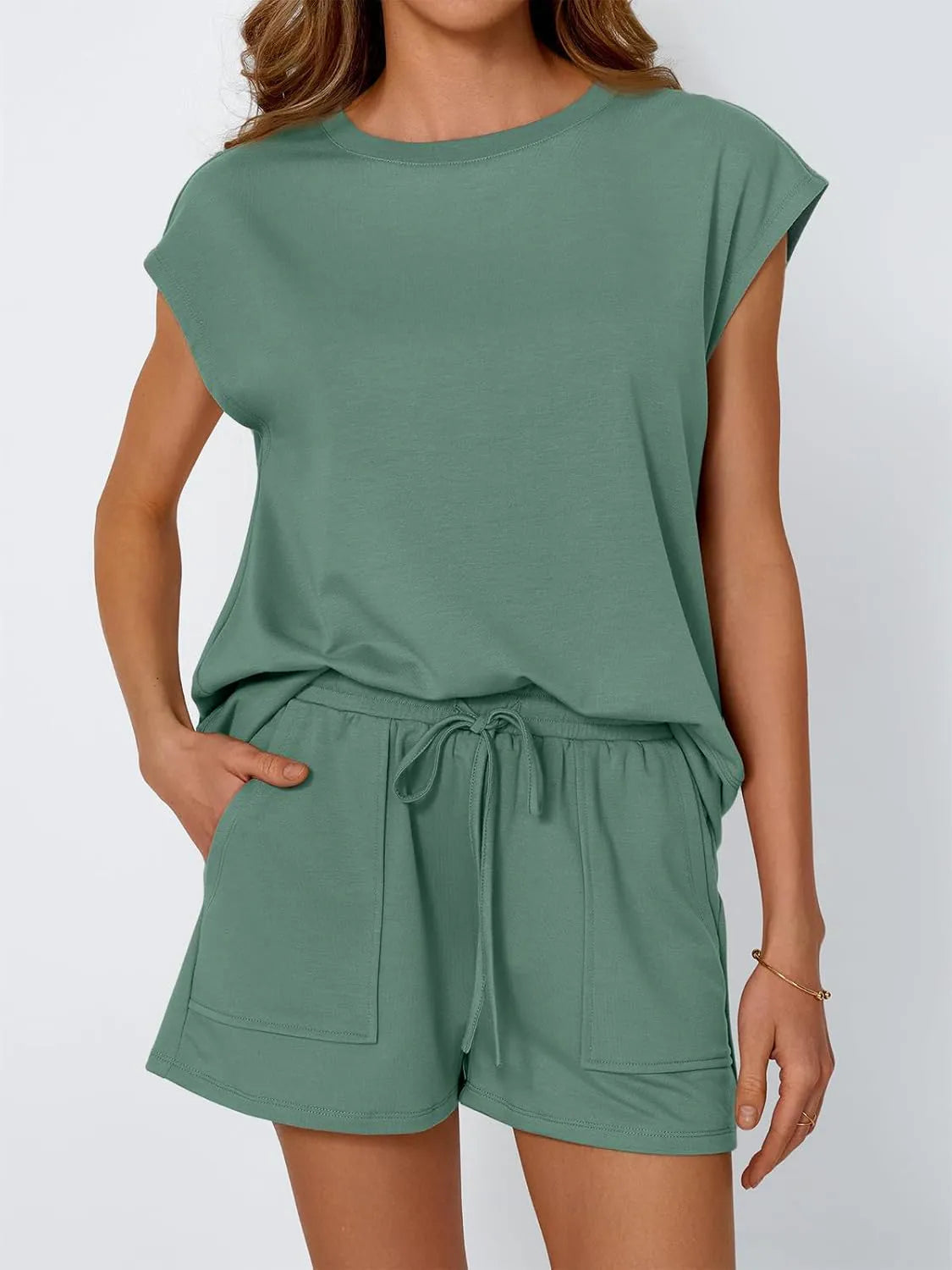 Round Neck Cap Sleeve Top and Shorts Set - felvior