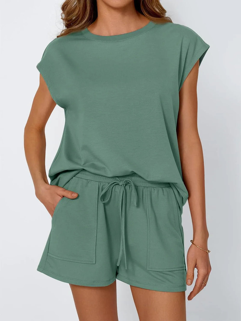 Round Neck Cap Sleeve Top and Shorts Set - felvior