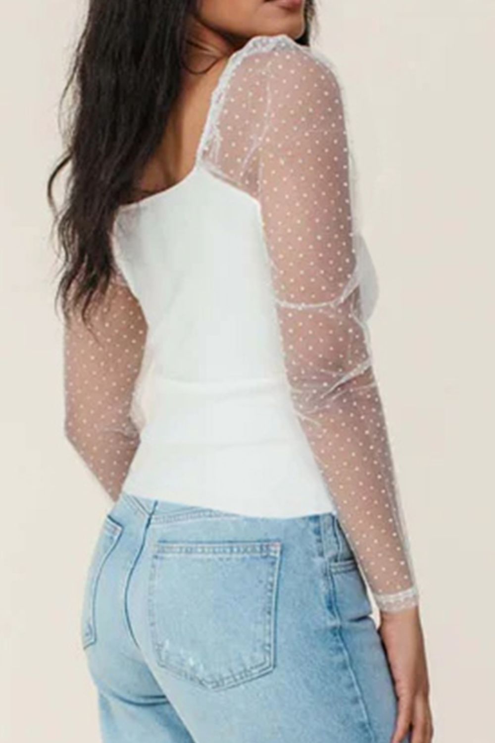Swiss Dot Mesh Long Sleeve Square Neck Slim Top - felvior