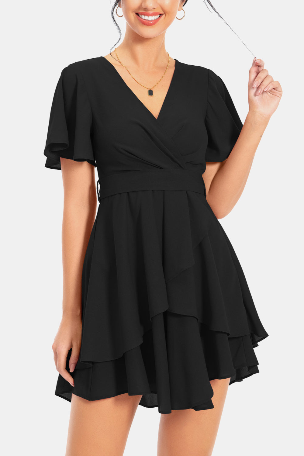 Surplice Neck Flutter Sleeve Dress - felvior