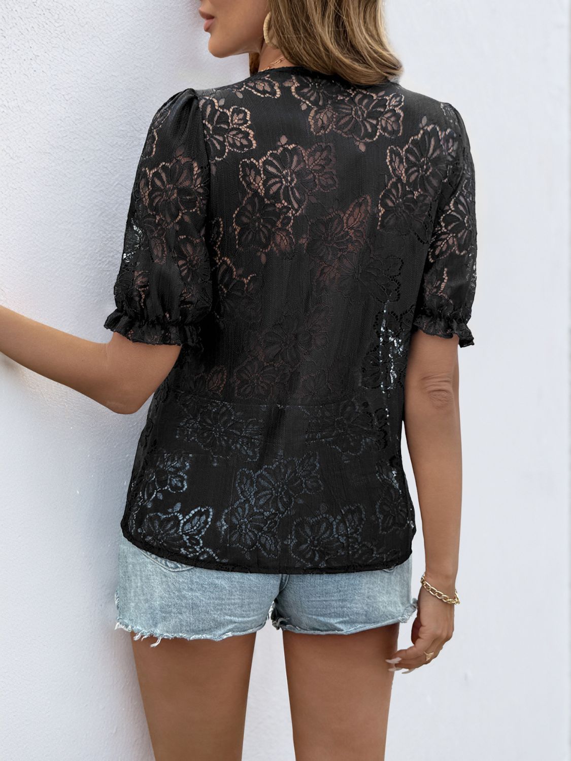 Perfee Button Down Short Sleeve Lace Shirt - felvior