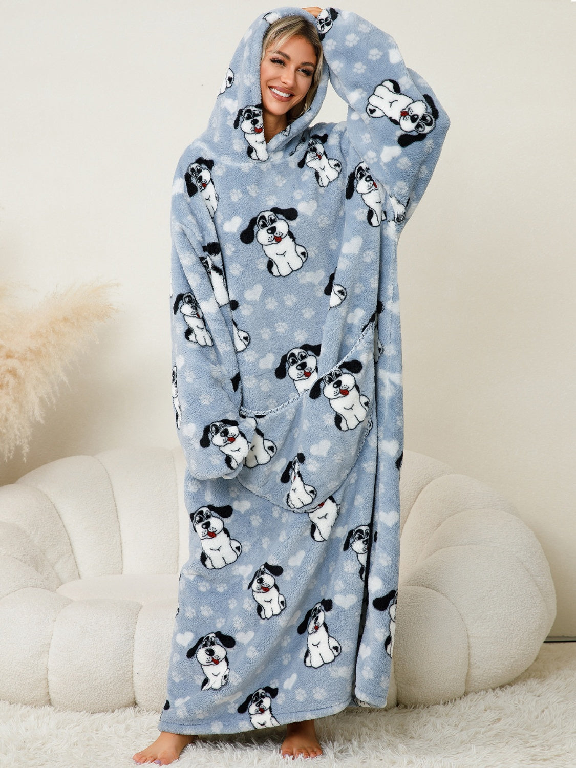 Fuzzy Pocketed Long Sleeve Hooded Lounge Dress - felvior