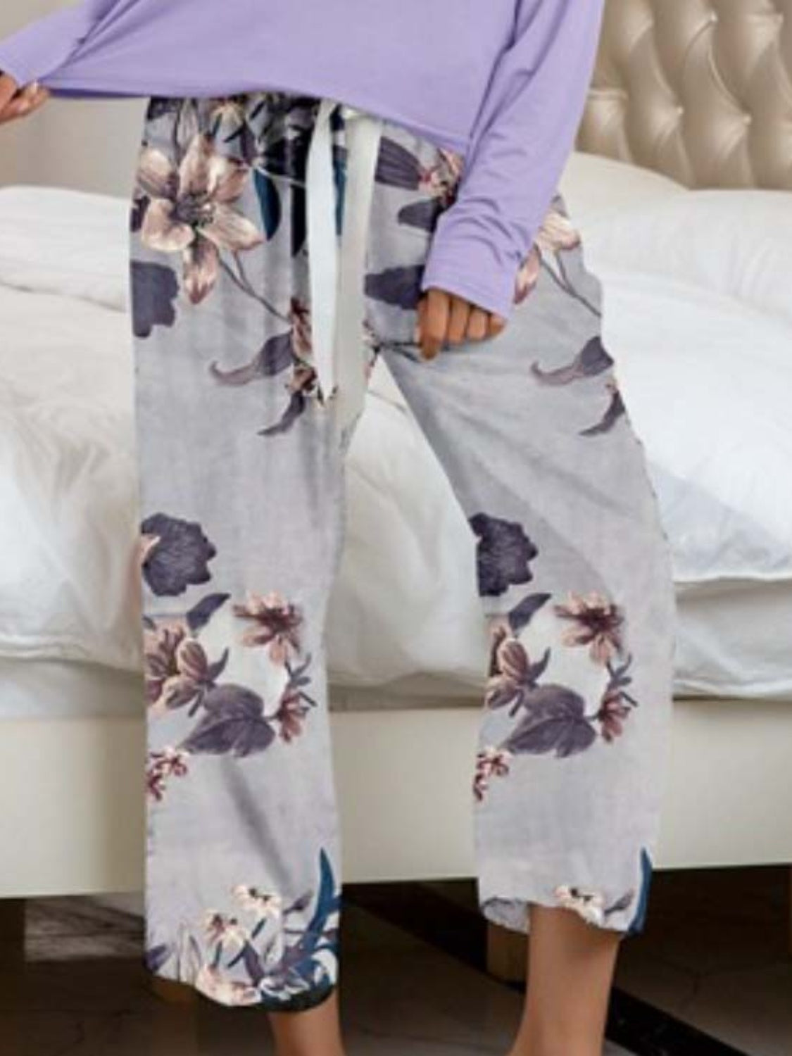 Round Neck Top and Printed Pants Lounge Set - felvior