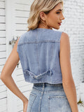 V-Neck Button Down Denim Vest - felvior