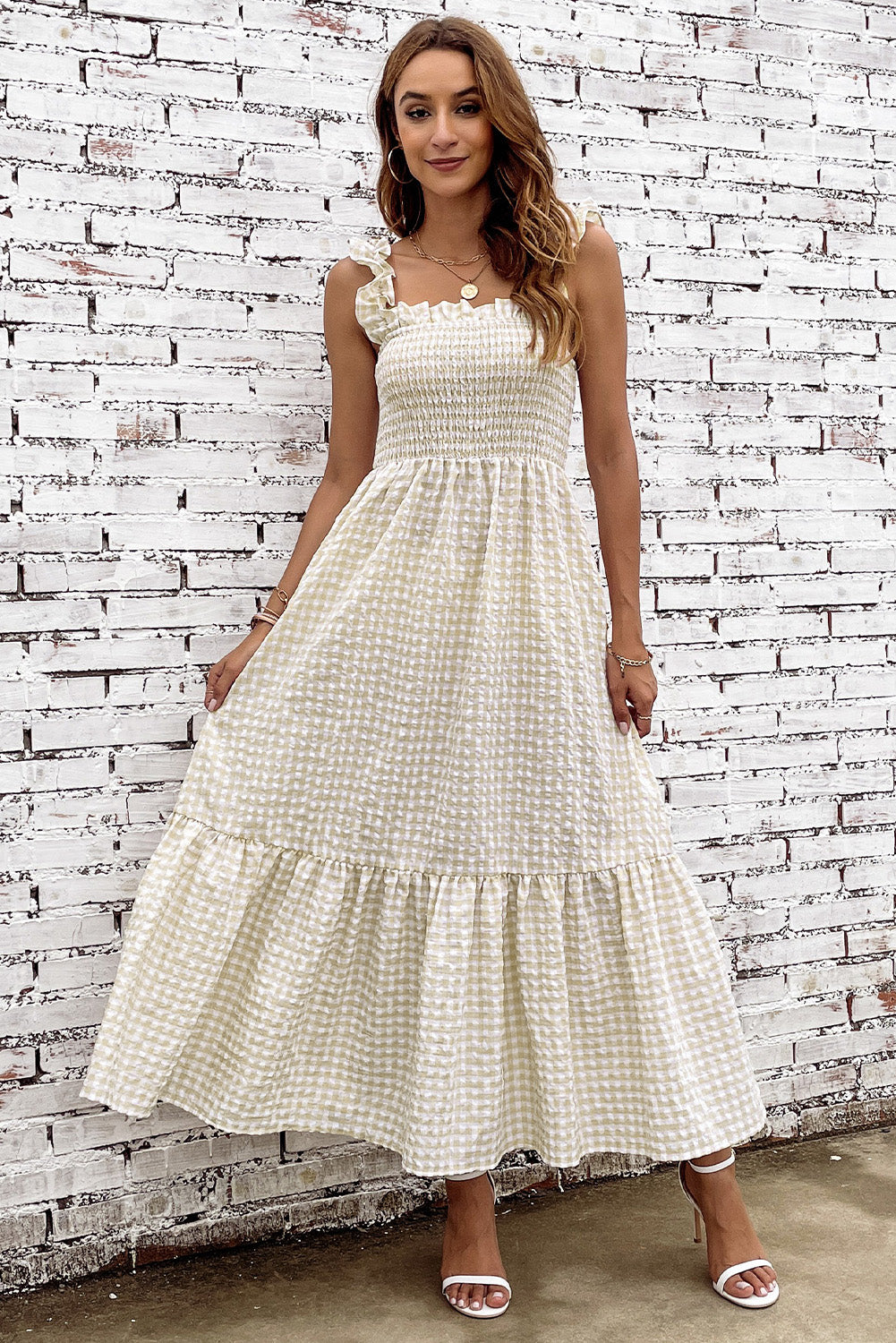 Plaid Ruffle Strap Square Neck Dress - felvior