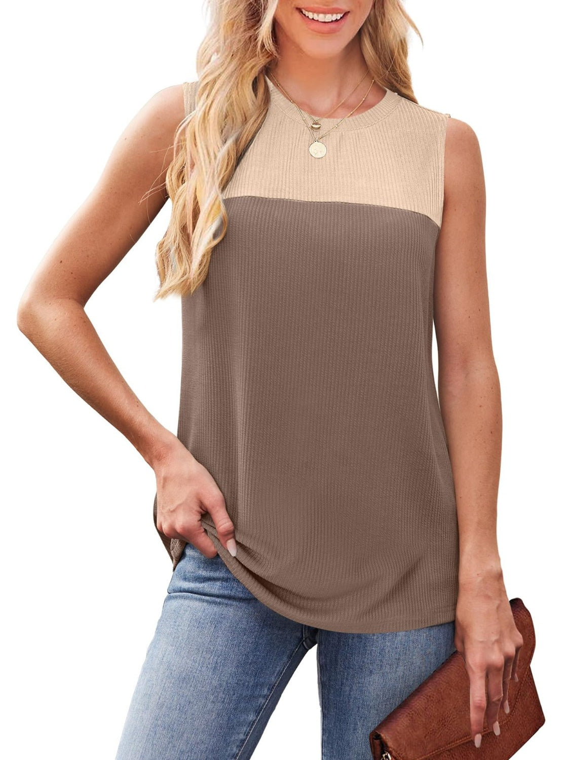 Color Block Round Neck Tank - felvior