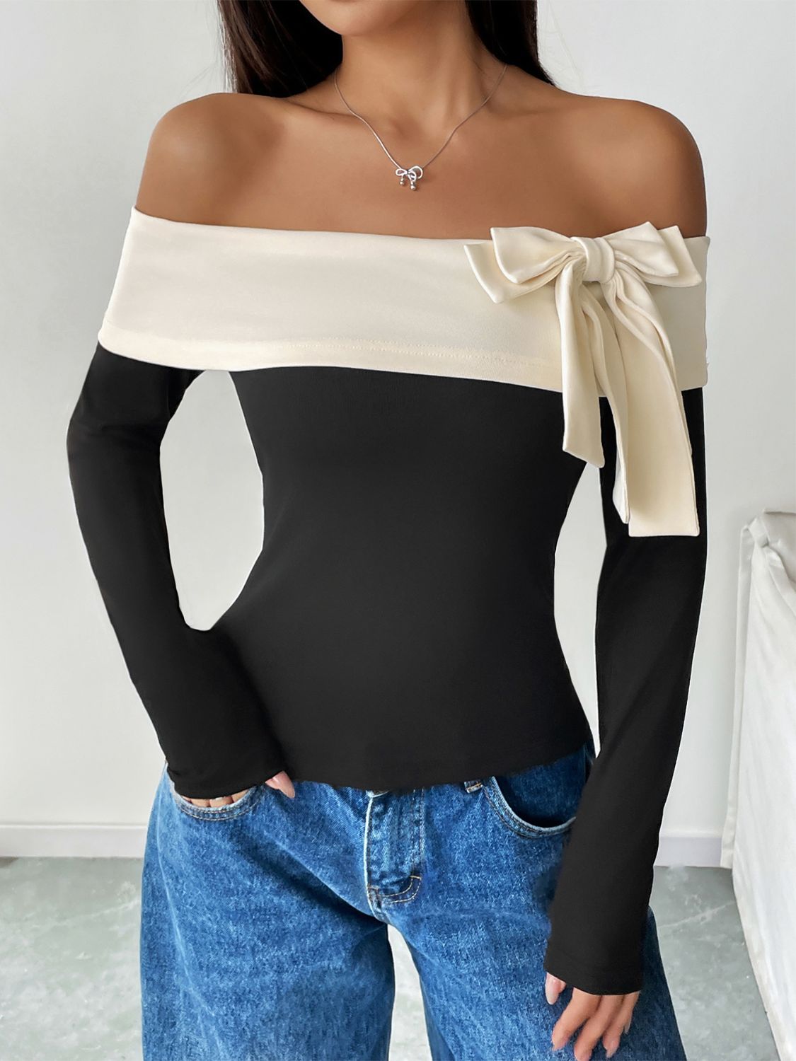 Perfee Bow Contrast Off-Shoulder Long Sleeve Top - felvior