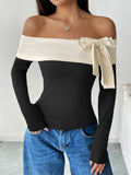 Perfee Bow Contrast Off-Shoulder Long Sleeve Top - felvior