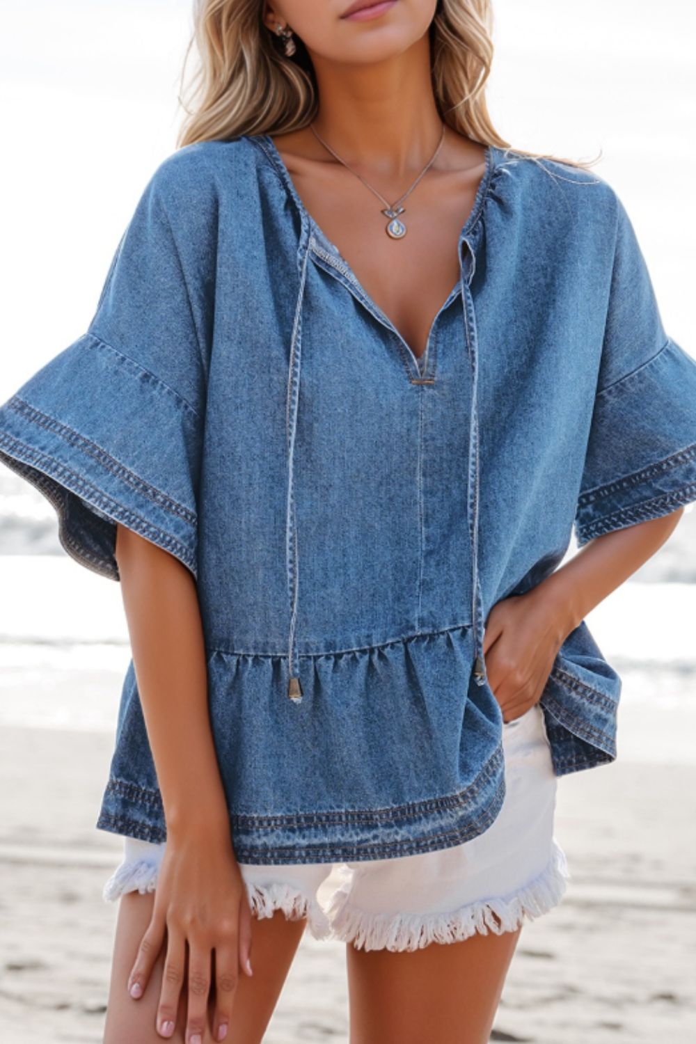 Tie Neck Ruffled Half Sleeve Denim Top - felvior