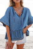 Tie Neck Ruffled Half Sleeve Denim Top - felvior