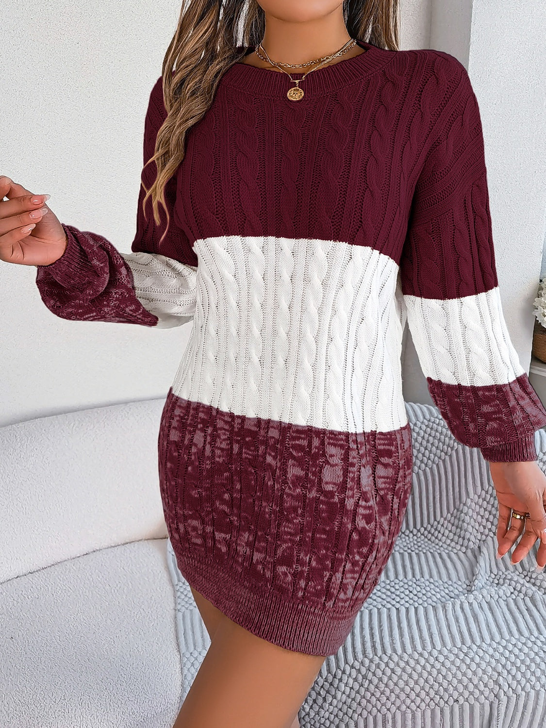 Cable-Knit Round Neck Color Block Sweater Dress - felvior