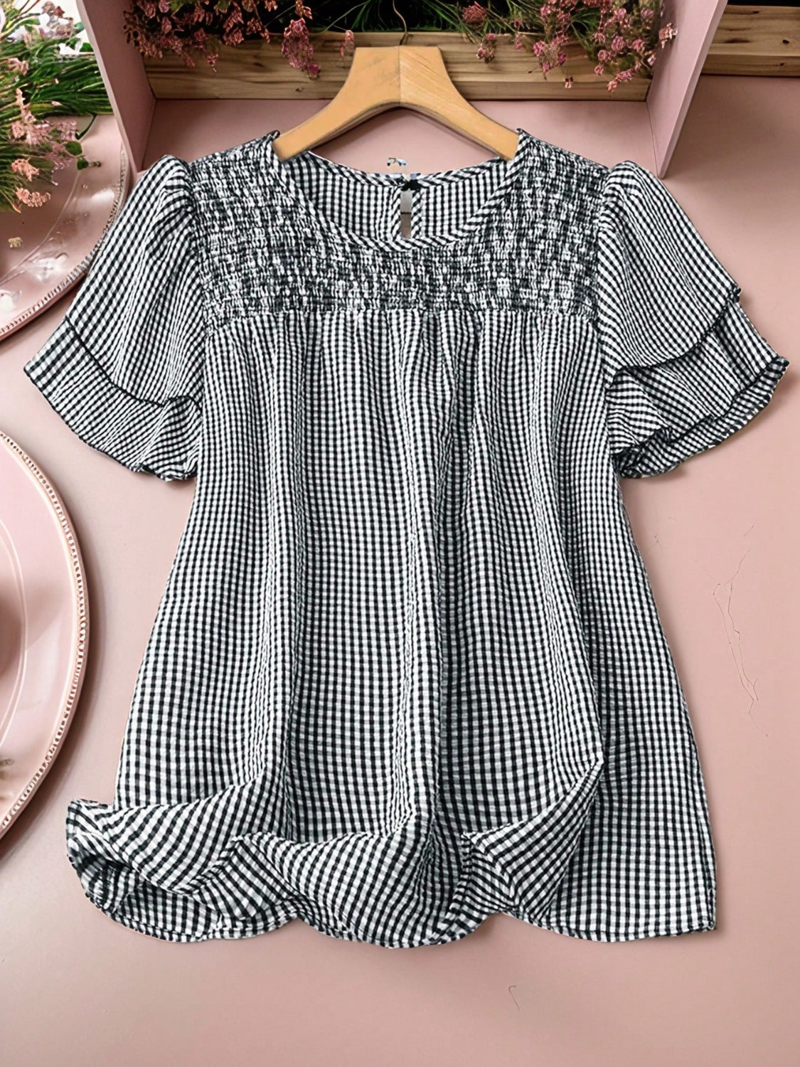 Smocked Plaid Round Neck Layered Short Sleeve Blouse - felvior