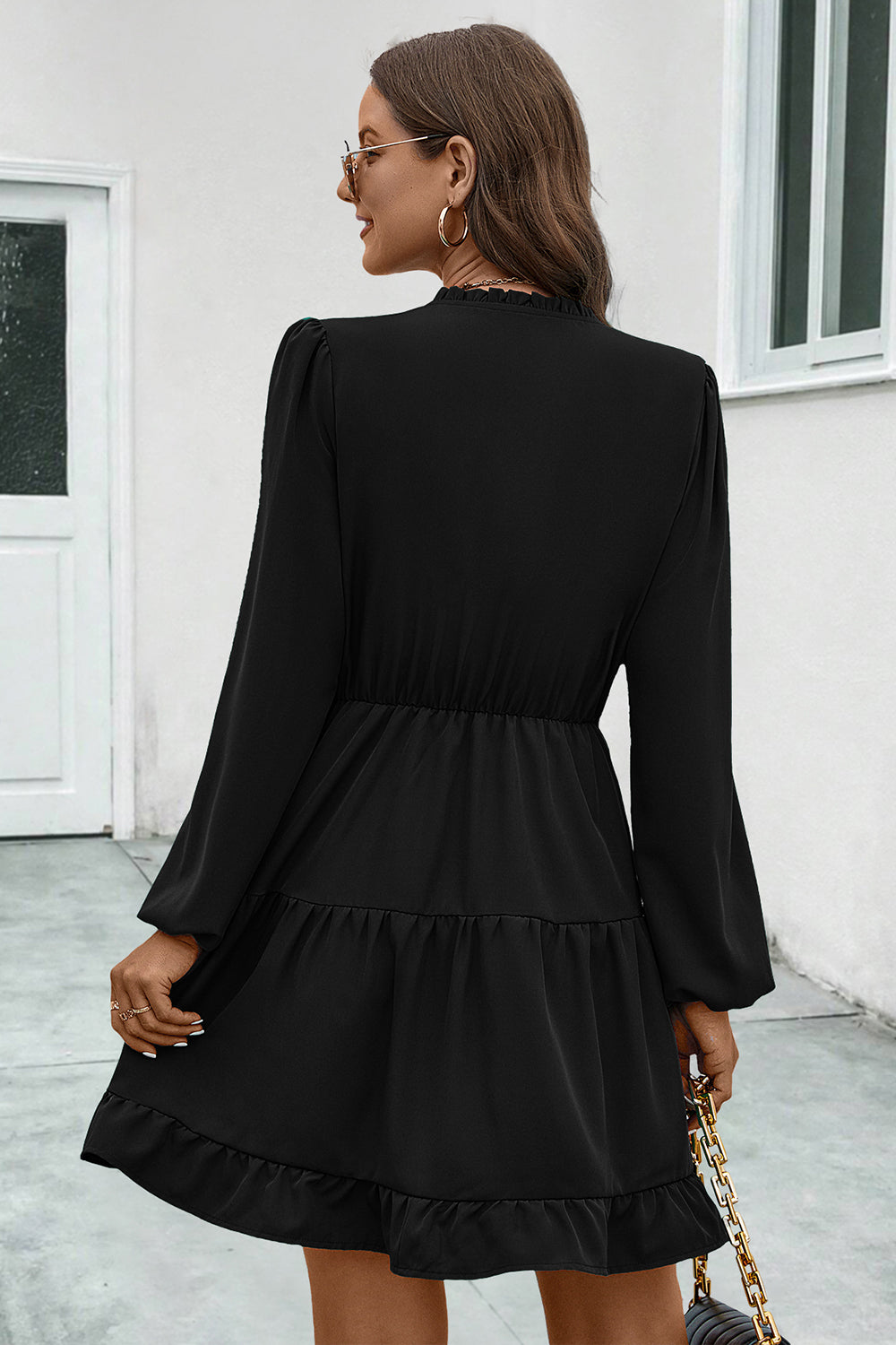 V-Neck Tie Neck Long Sleeve Dress - felvior