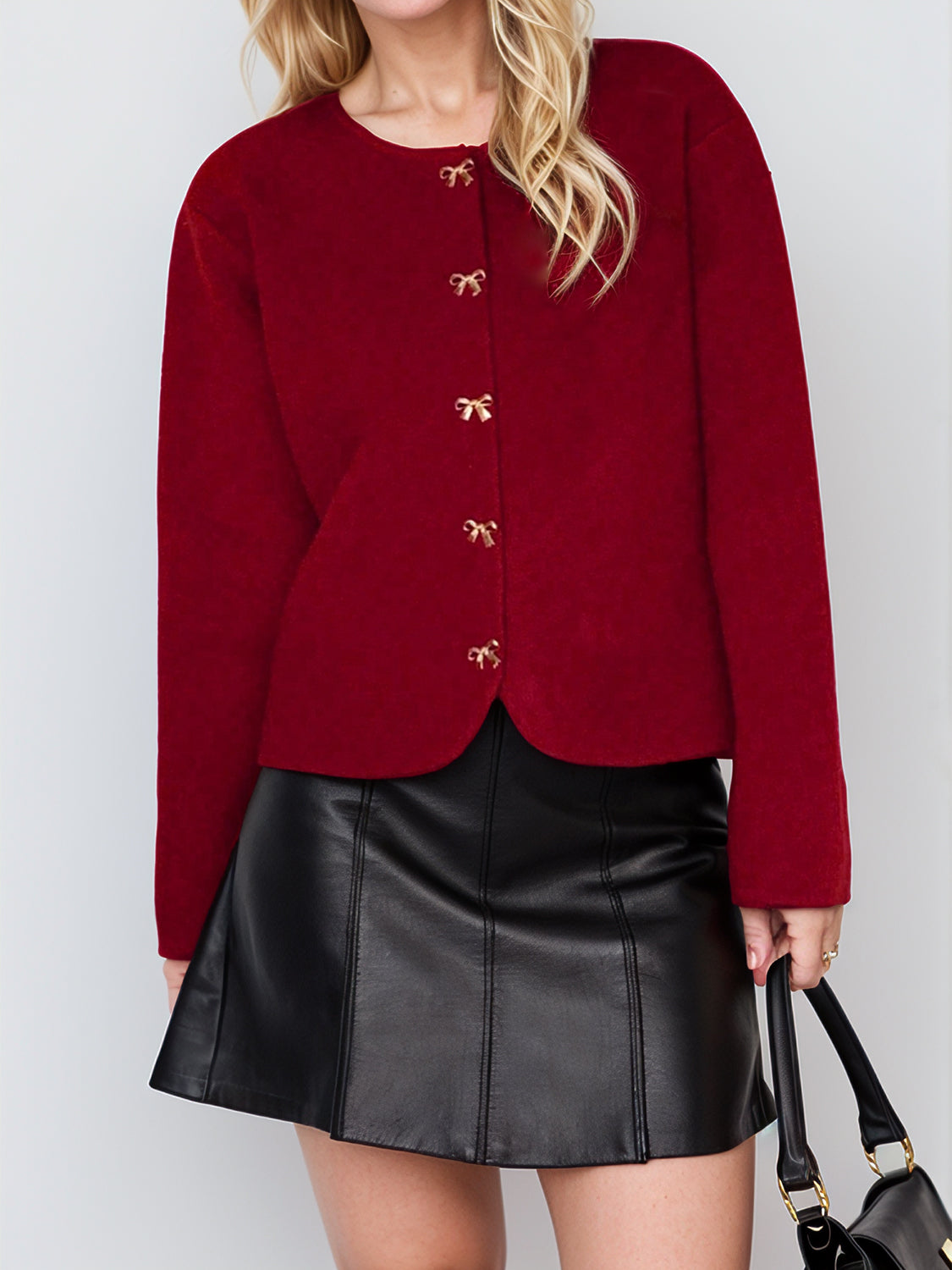 Bow Button Down Round Neck Long Sleeve Cardigan - felvior